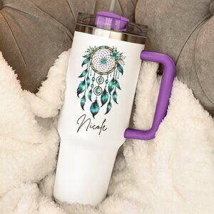 Personalized Dreamcatcher Tumbler with Name, Custom Floral Feather Mug